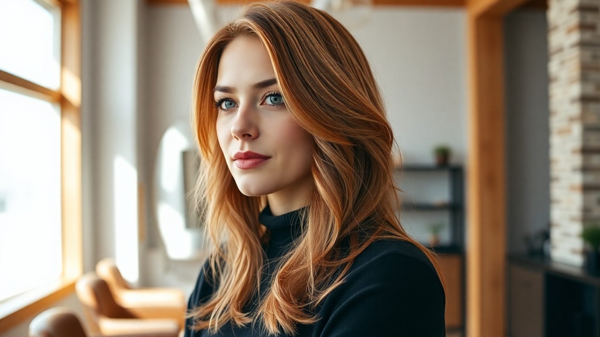 Client with freshly coloured warm rose-toned balayage in natural window light
