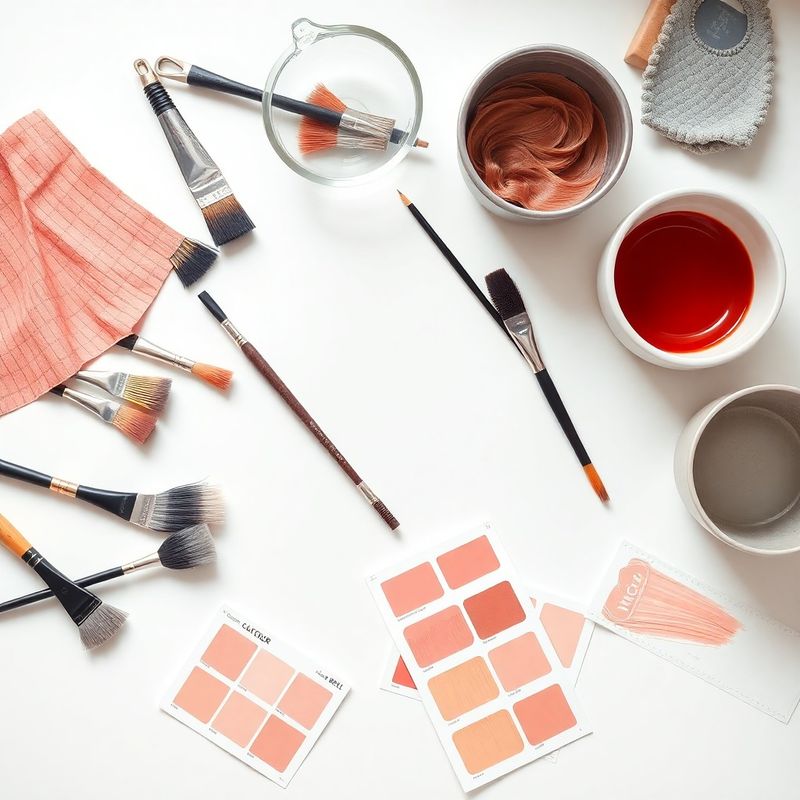 Flat-lay of professional colour tools, foils, brushes and rose-warm swatches